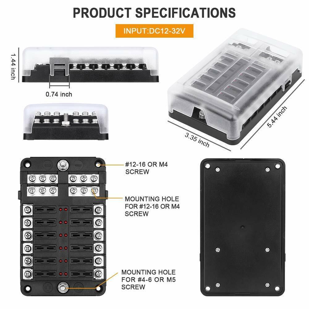 12-Way 12/32V Blade Fuse Box Block Holder LED Indicator Auto Marine AU