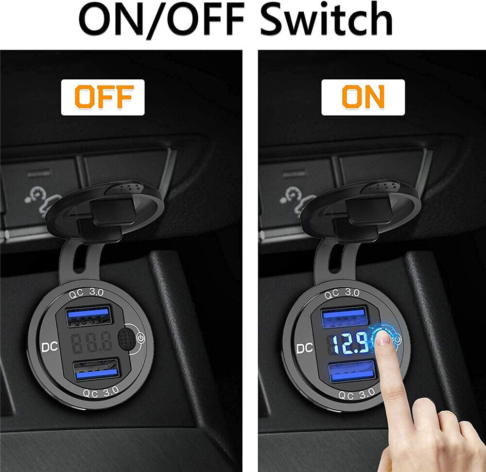 Waterproof Fast Car Phone Charger QC3.0 Dual USB Power Adapter Cigarette Lighter