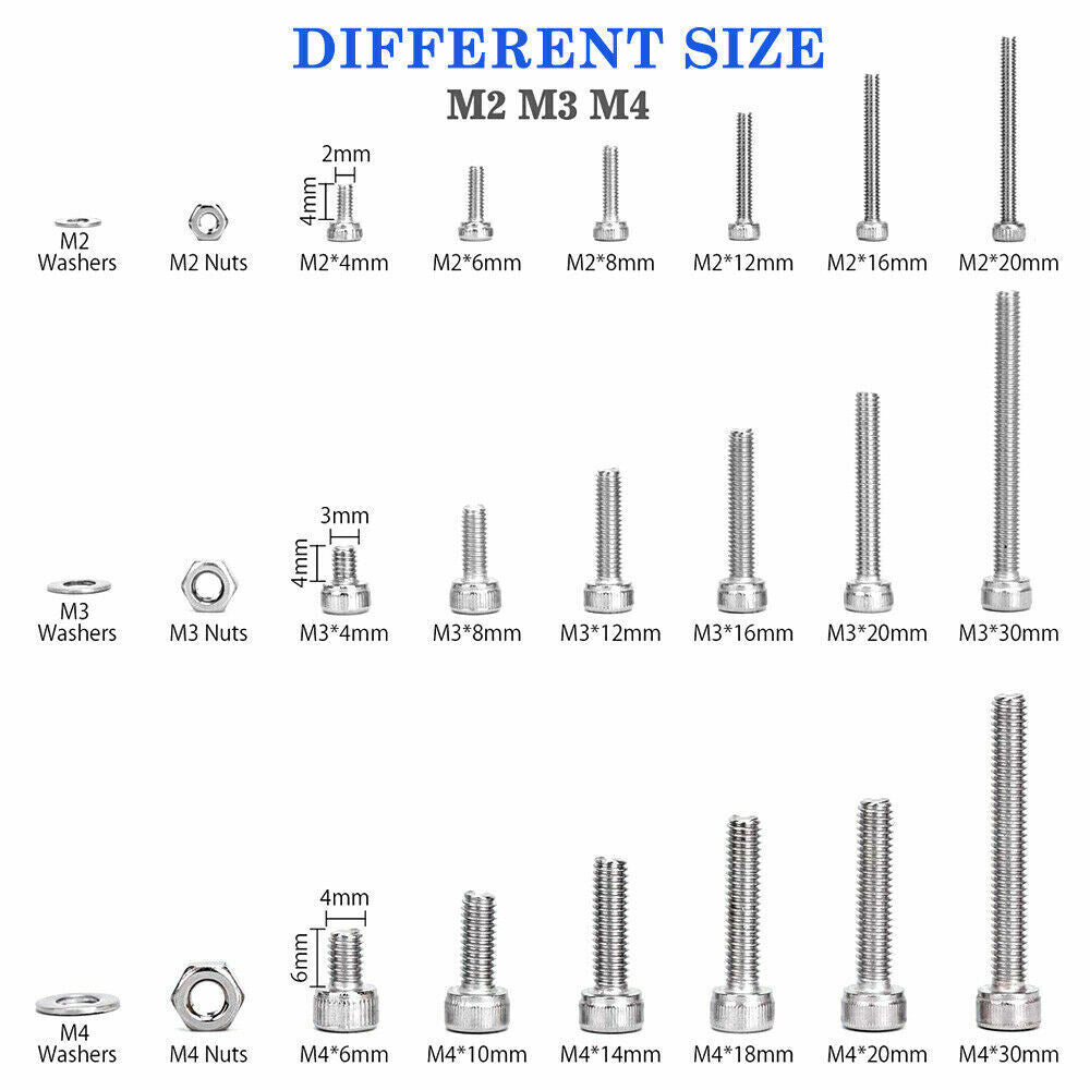 M2/M3/M4 Stainless Steel Bolts Nuts Screws Hex Head Assorted 1080pcs Kit Set