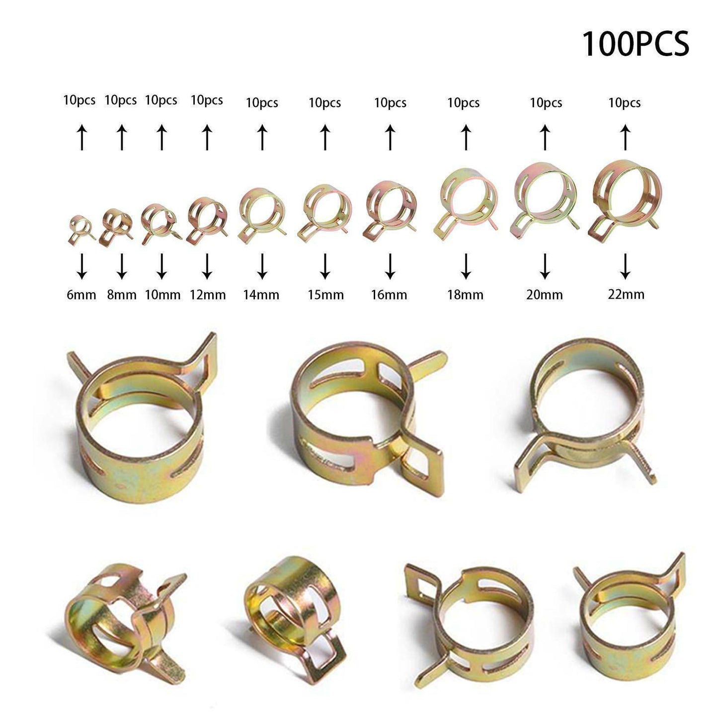 100pcs Steel Spring Clip Hose Clamps 6-22mm Adjustable Range Worm Gear Stainless
