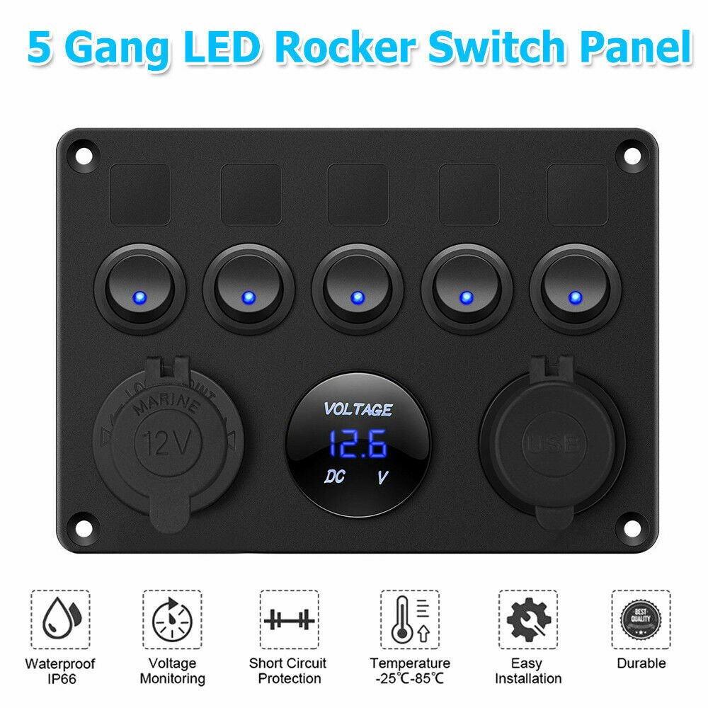 5 Gang 12V Switch Panel ON-OFF Toggle 2 USB for Car Boat Marine RV Truck Camper