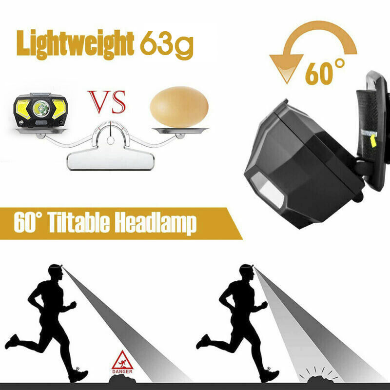 LED Head Torch Headlight COB Camping Headlamp USB Rechargeable Flashlight Lamp