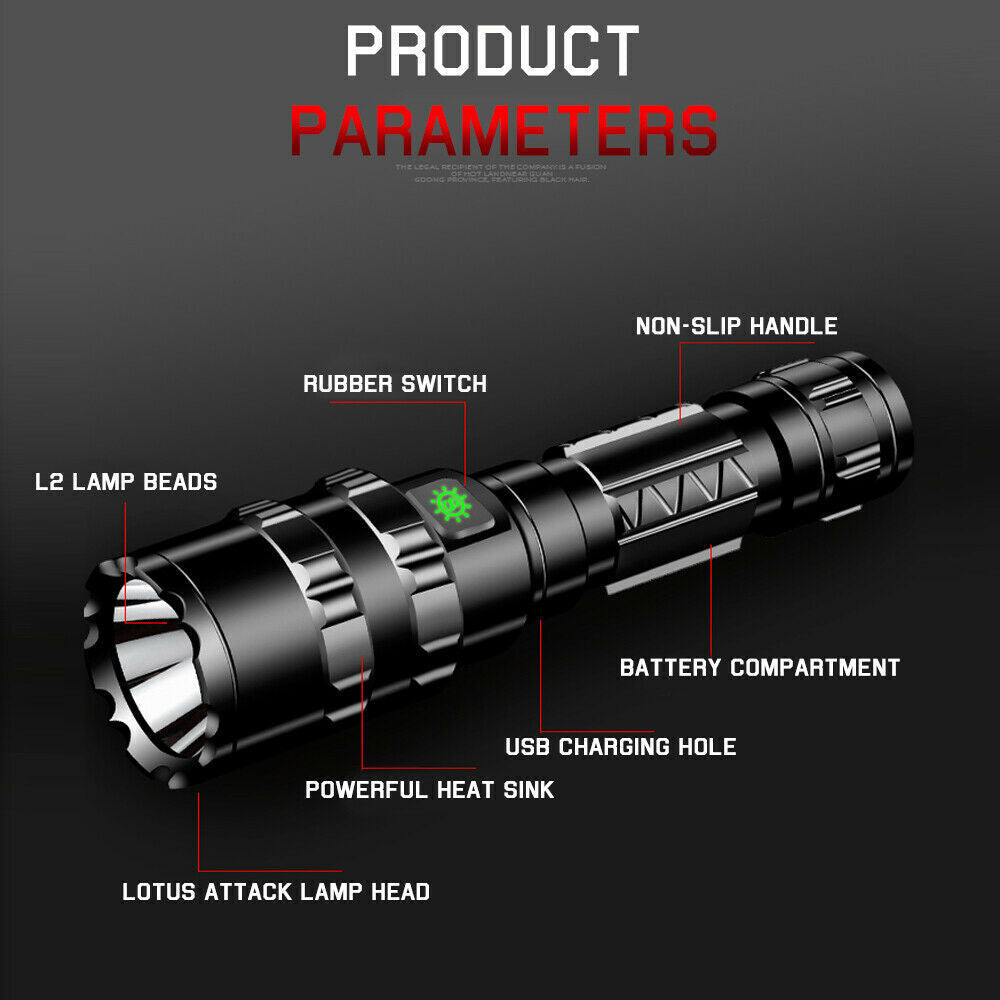 150000LM CREE L2 LED Tactical Flashlight USB Rechargeable Camping Hunting Torch