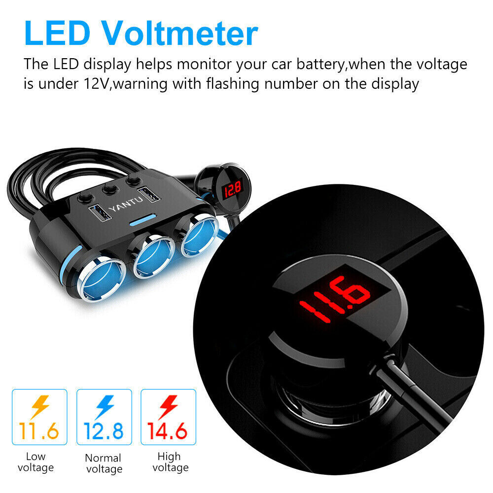 12V 3-USB Port LCD Car Charger Lighter Double Power Adapter Socket Splitter AU