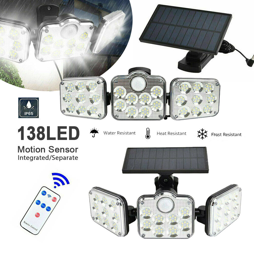 3 Head Solar Motion Sensor Light Outdoor Garden Wall Security Flood Lamp 138 LED