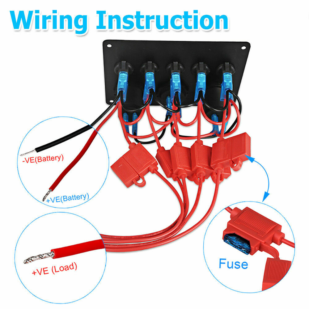 5 Gang 12V Switch Panel ON-OFF Toggle 2 USB for Car Boat Marine RV Truck Camper