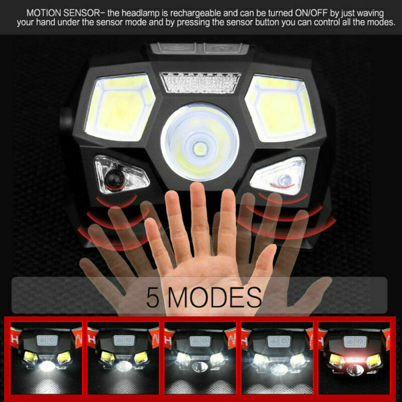 LED Head Torch Headlight COB Camping Headlamp USB Rechargeable Flashlight Lamp