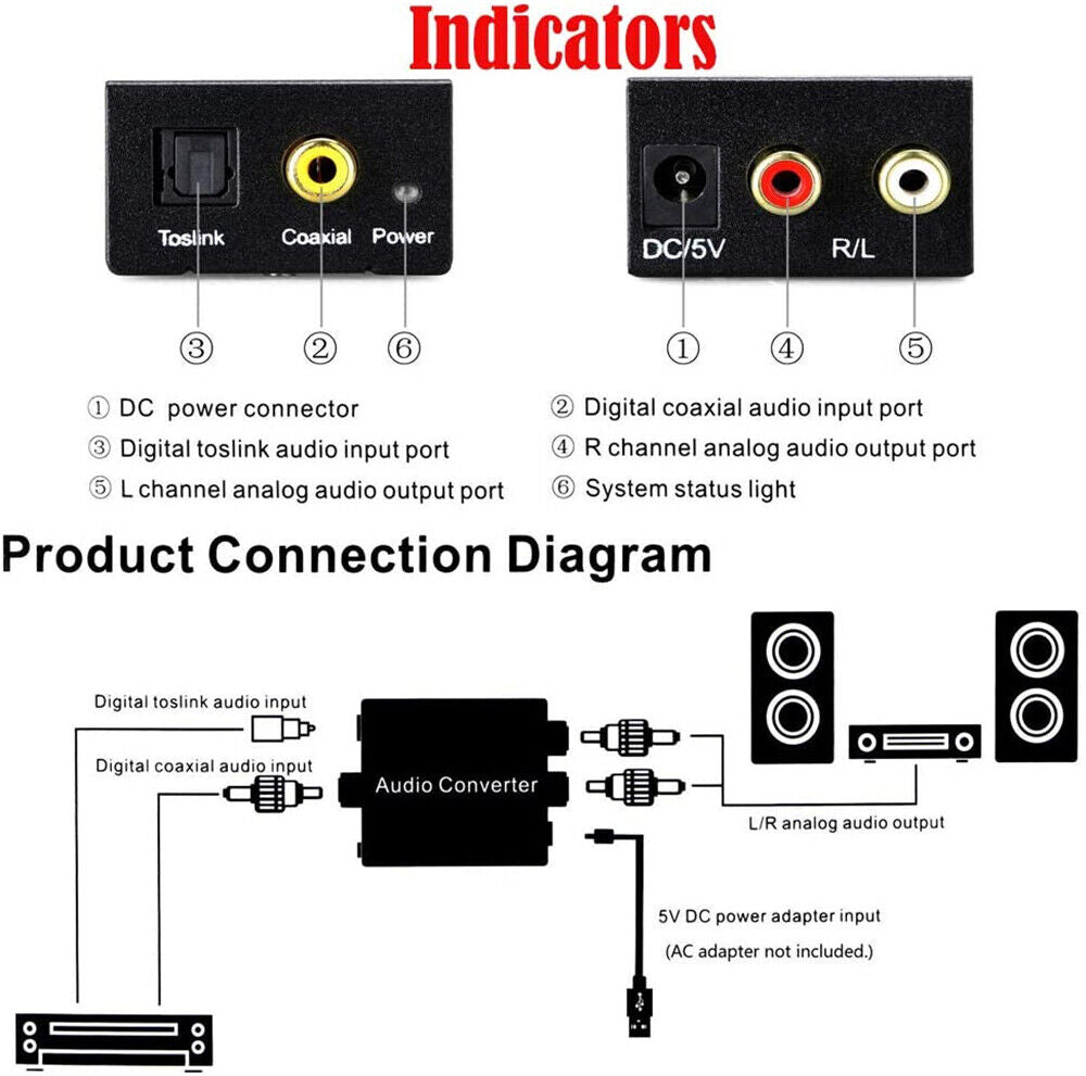 Optical Coaxial Toslink Digital to Analog Audio Converter Adapter RCA L/R 3.5mm