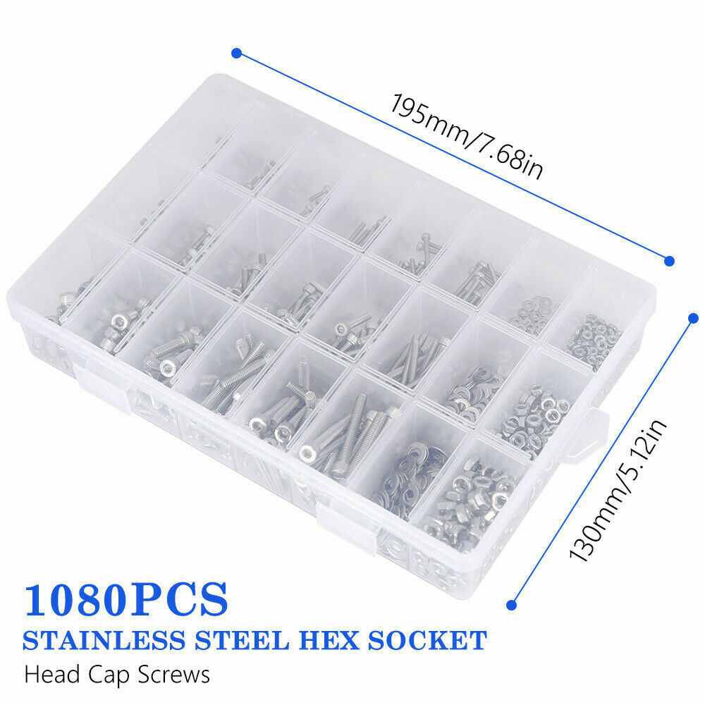 M2/M3/M4 Stainless Steel Bolts Nuts Screws Hex Head Assorted 1080pcs Kit Set