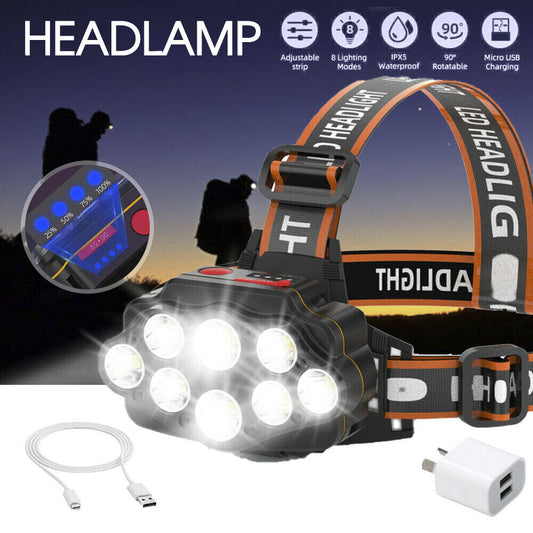 1x USB Rechargeable Head Light 8 LED Headlight Head Lamp Waterproof Head Torch