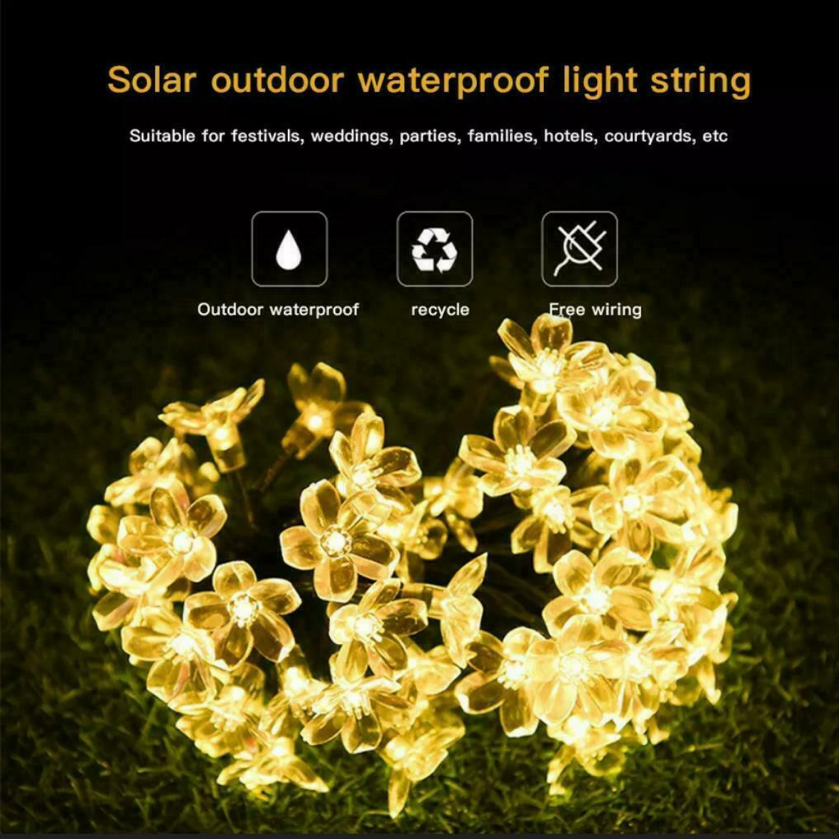 Waterproof 7M 50LED Solar Cherry Flower String Fairy Lights Outdoor Garden Party