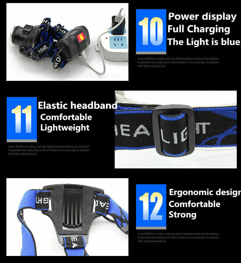 100000LM Zoomable LED Headlamp Rechargeable Headlight CREE XML T6 Head Torch