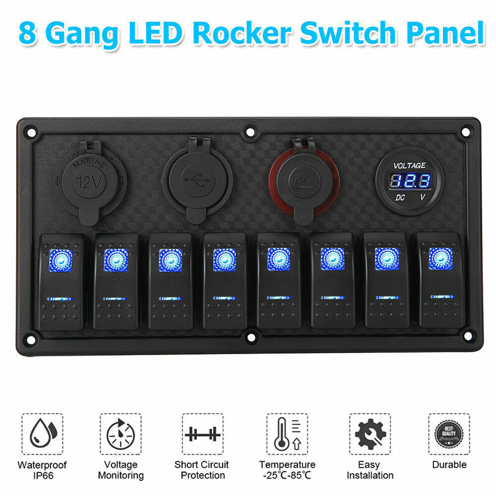 8 Gang 12V Rocker Switch Panel Waterproof Circuit Breaker Boat Marine Voltmeter