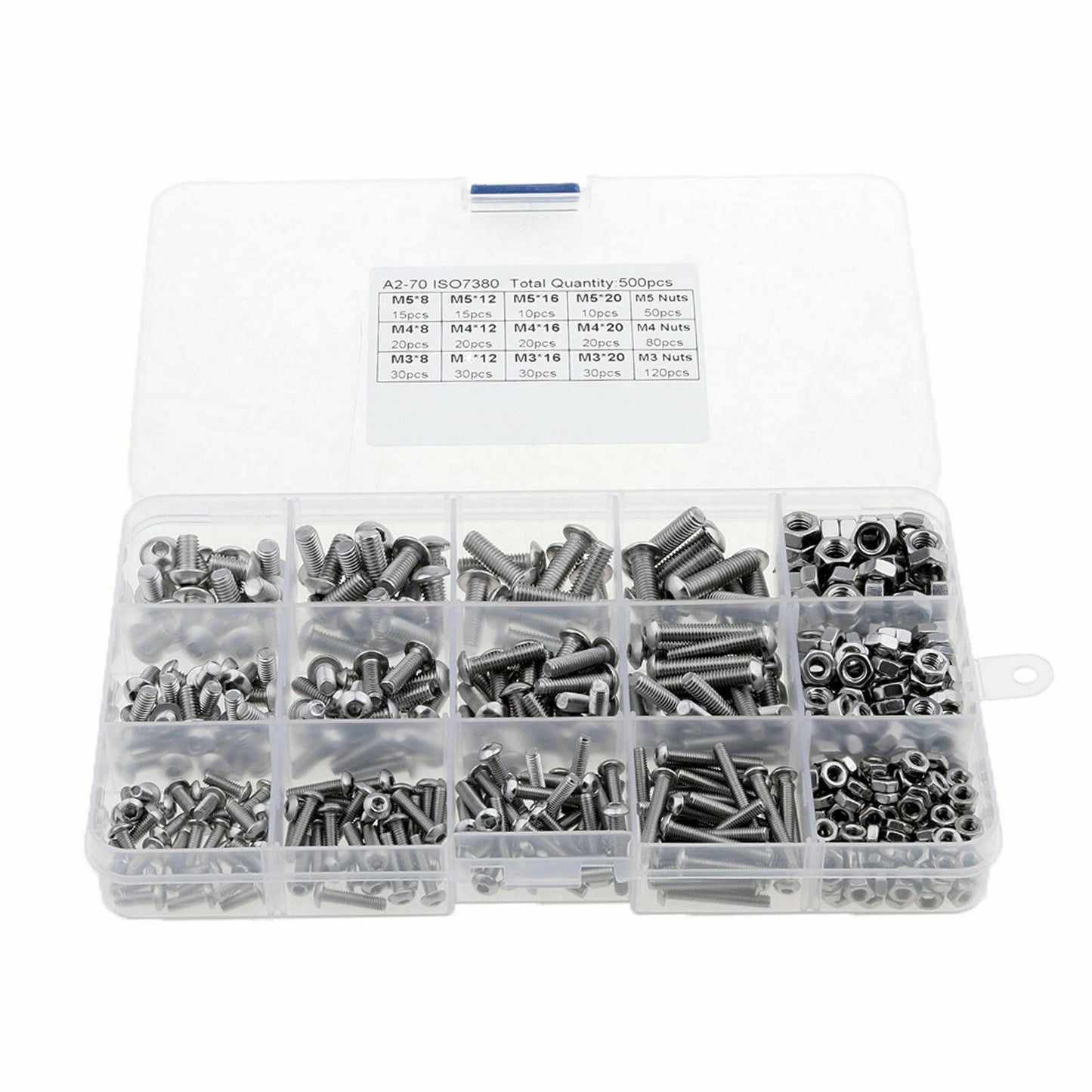 M3 M4 M5 304 500pc Stainless Steel Hex Socket Button Head Bolts Screws Nuts Kit