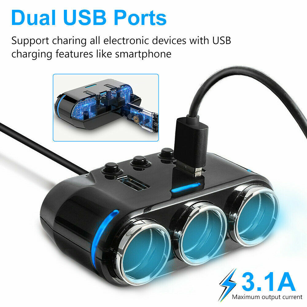 12V 3-USB Port LCD Car Charger Lighter Double Power Adapter Socket Splitter AU