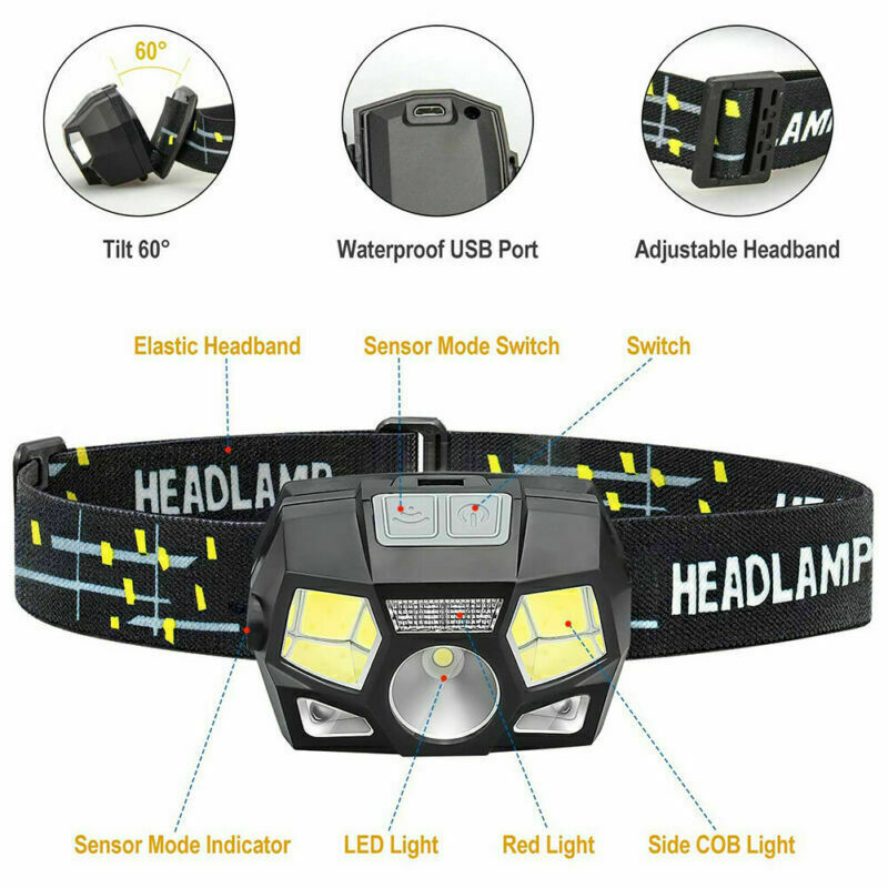 LED Head Torch Headlight COB Camping Headlamp USB Rechargeable Flashlight Lamp