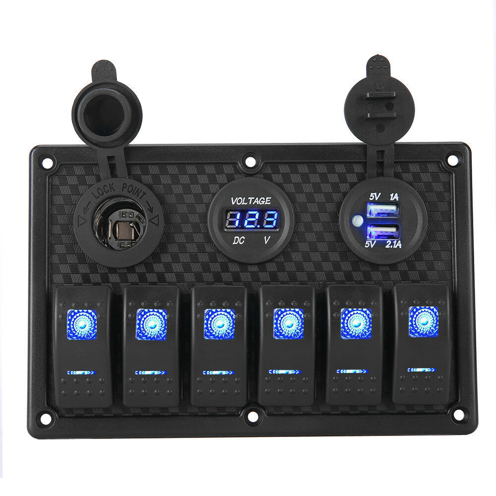 12V 6 Gang Switch Panel LED Light Rocker Circuit Breaker For Car RV Boat Marine