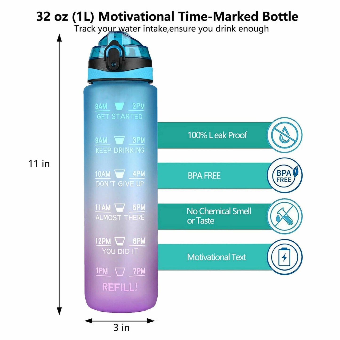 Water Bottle 1L Motivational Drink Flask With Time Markings Sport Gym