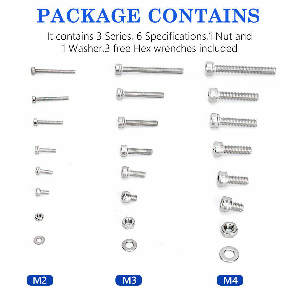 M2/M3/M4 Stainless Steel Bolts Nuts Screws Hex Head Assorted 1080pcs Kit Set