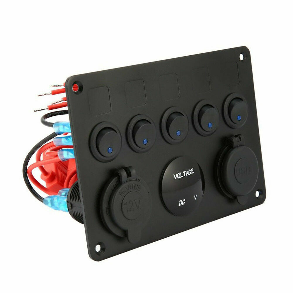 5 Gang 12V Switch Panel ON-OFF Toggle 2 USB for Car Boat Marine RV Truck Camper