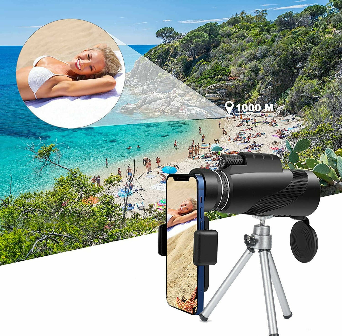 Durable Portable Telescope Monocular Travel Low Light Vision Phone Clip +Tripod