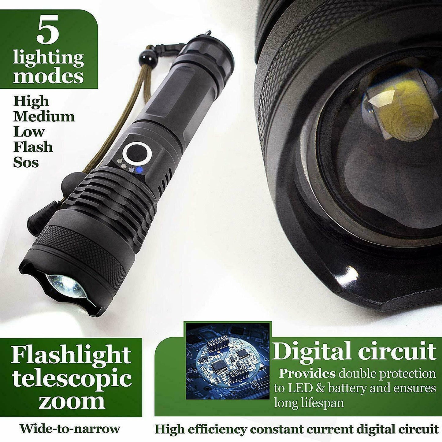 900000 Lumens XHP50 Zoom Flashlight LED Rechargeable Lamp Torch w/26650 Battery