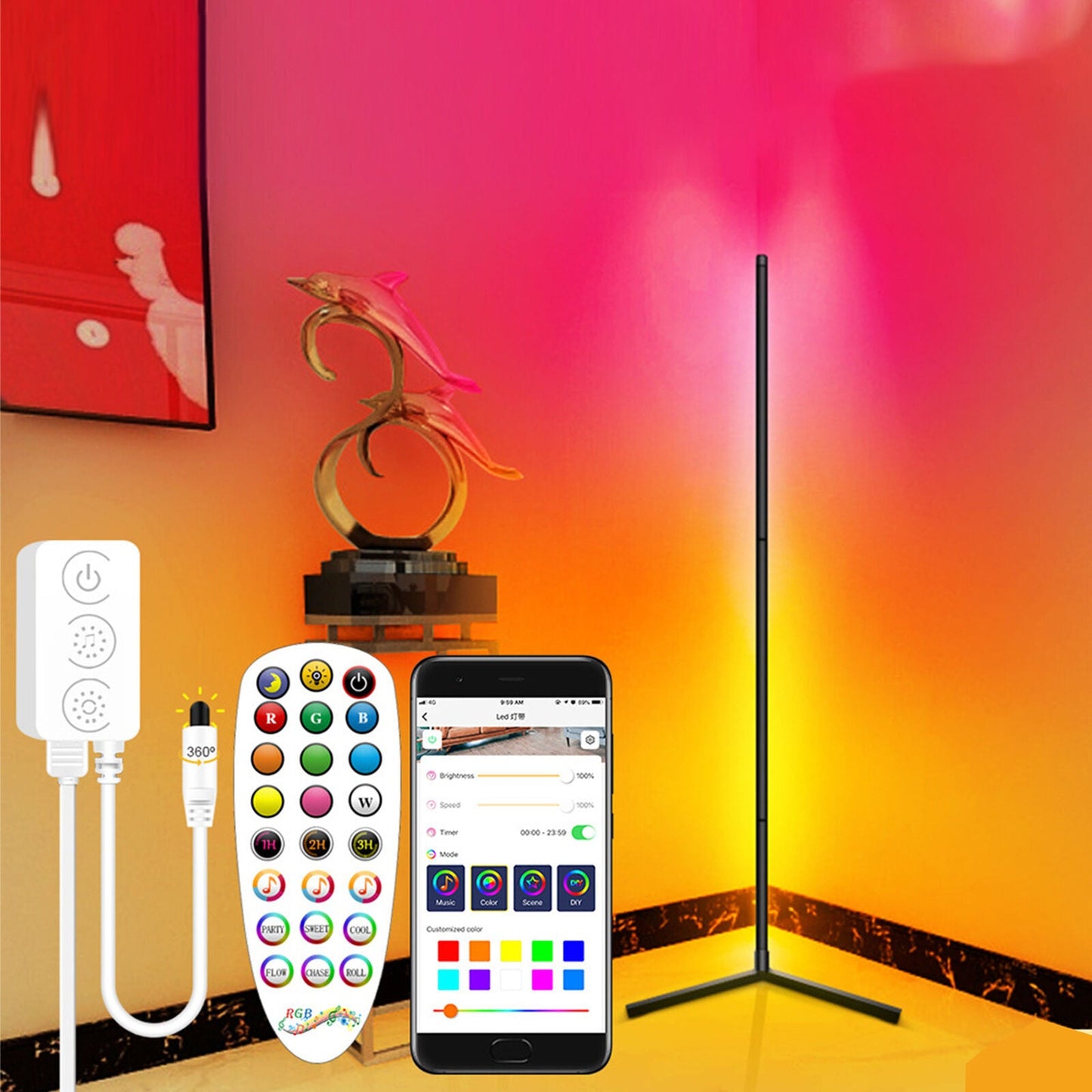 156CM RGB Floor Corner Lamp Light Stand bluetooth+Remote Control LED Streaming