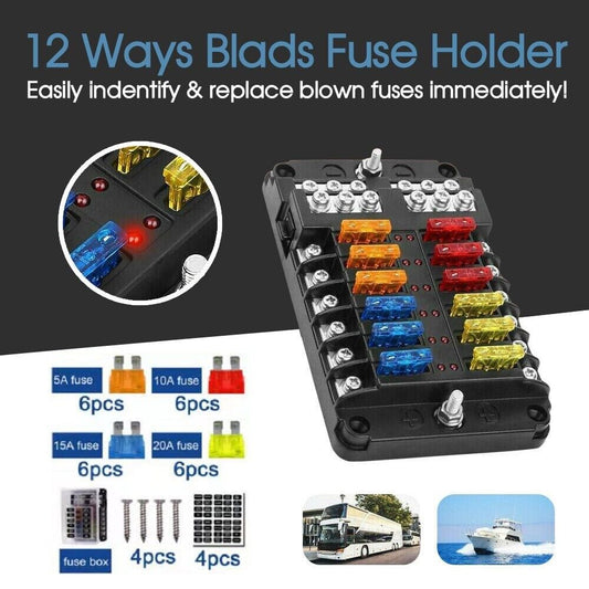 12-Way 12/32V Blade Fuse Box Block Holder LED Indicator Auto Marine AU