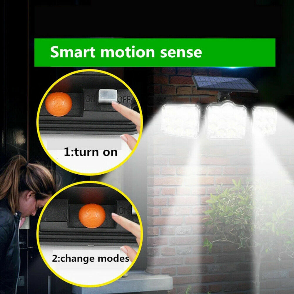 3 Head Solar Motion Sensor Light Outdoor Garden Wall Security Flood Lamp 138 LED