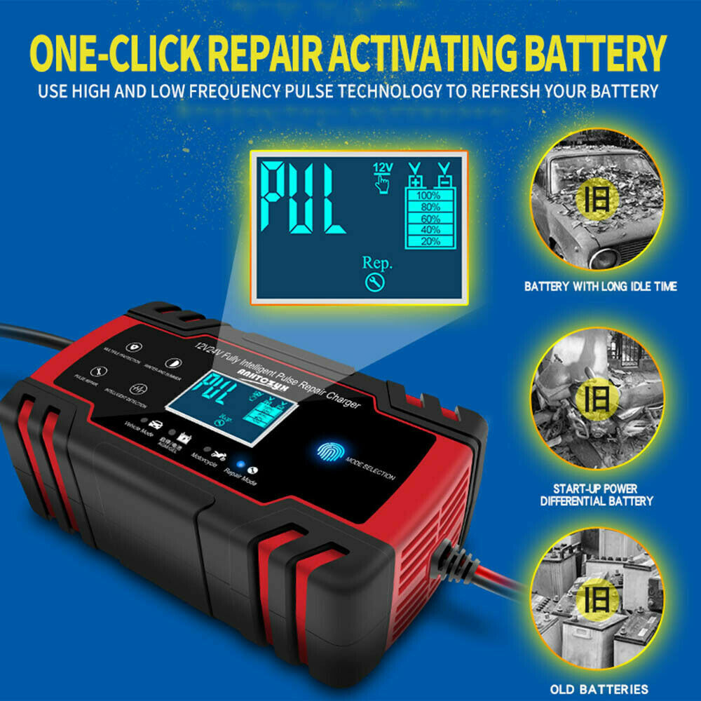 12V/24V 8A Smart Car Battery Charger LCD Automatic Repair 4WD Boat Caravan Truck