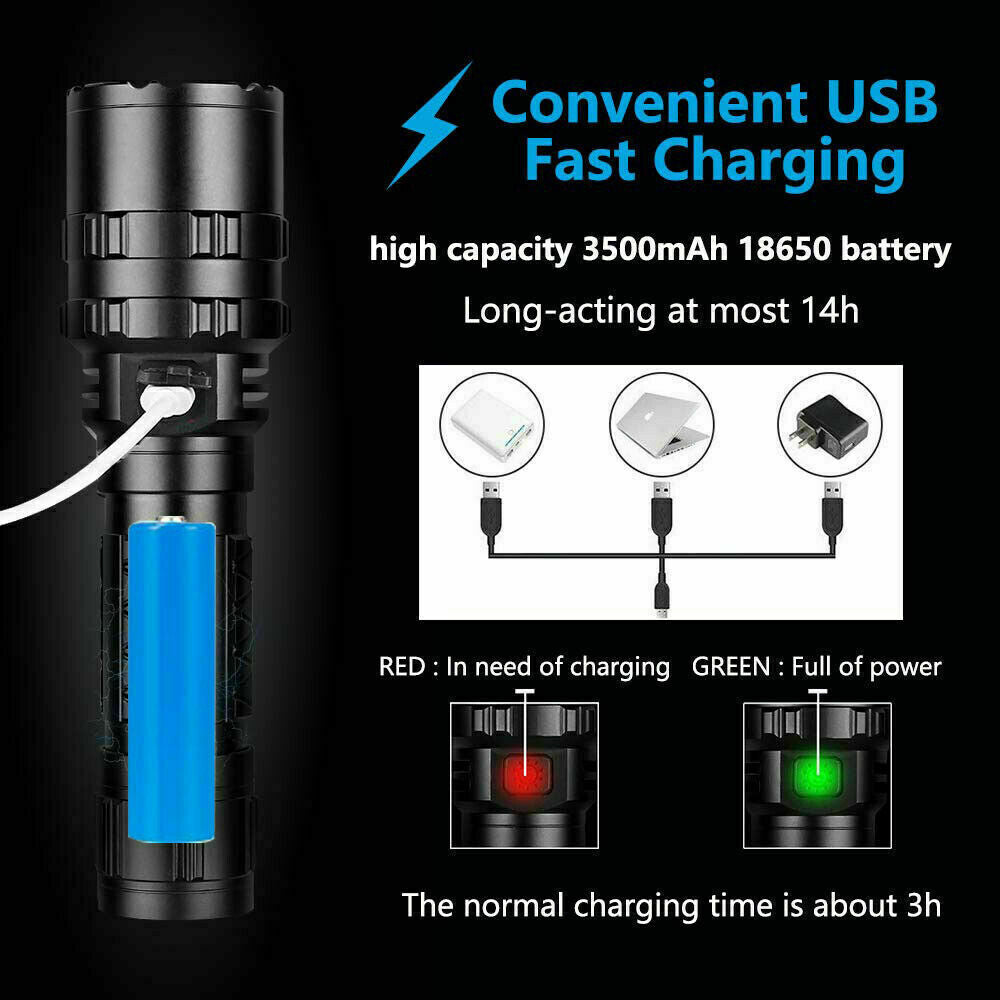 150000LM CREE L2 LED Tactical Flashlight USB Rechargeable Camping Hunting Torch