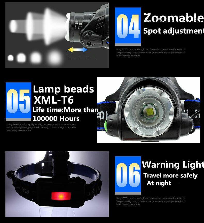 100000LM Zoomable LED Headlamp Rechargeable Headlight CREE XML T6 Head Torch