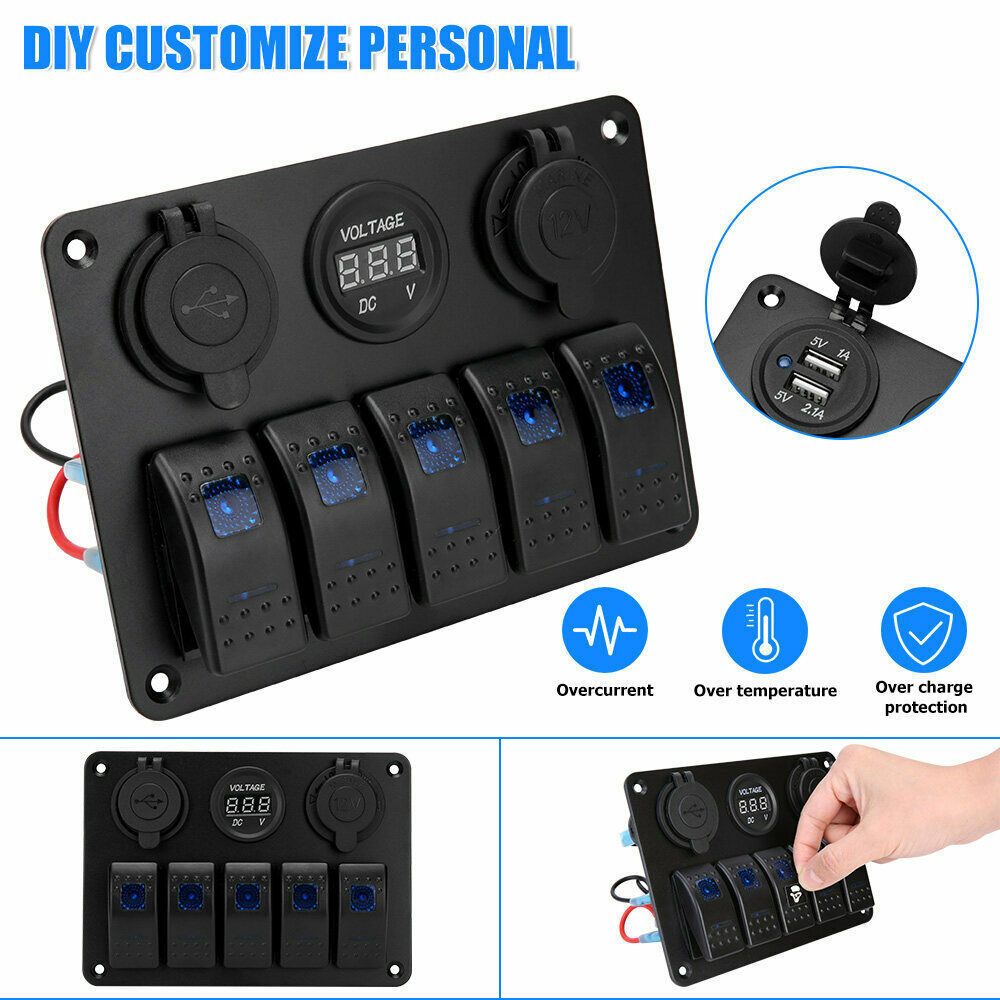 12V 6 Gang Switch Panel LED Light Rocker Circuit Breaker For Car RV Boat Marine