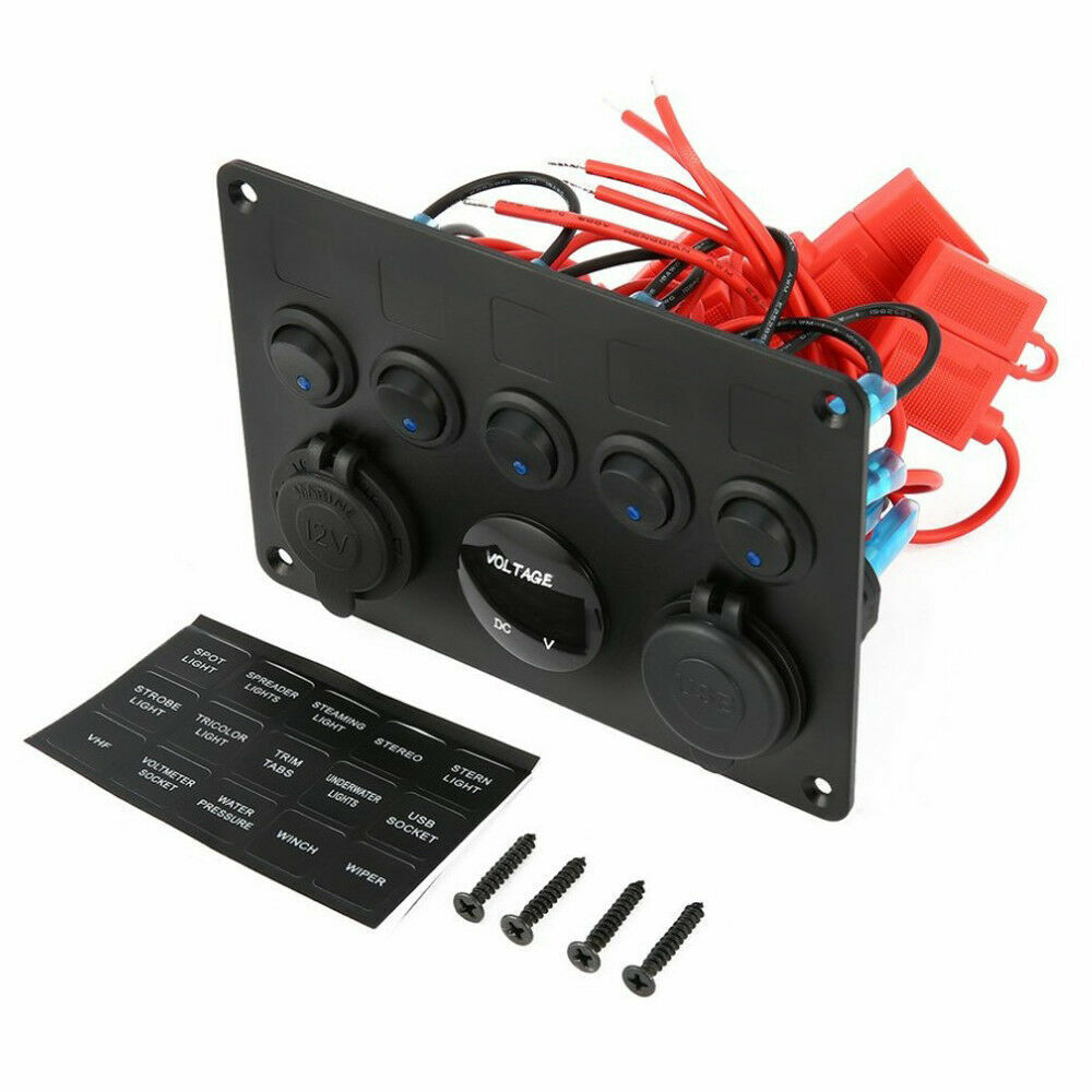 5 Gang 12V Switch Panel ON-OFF Toggle 2 USB for Car Boat Marine RV Truck Camper