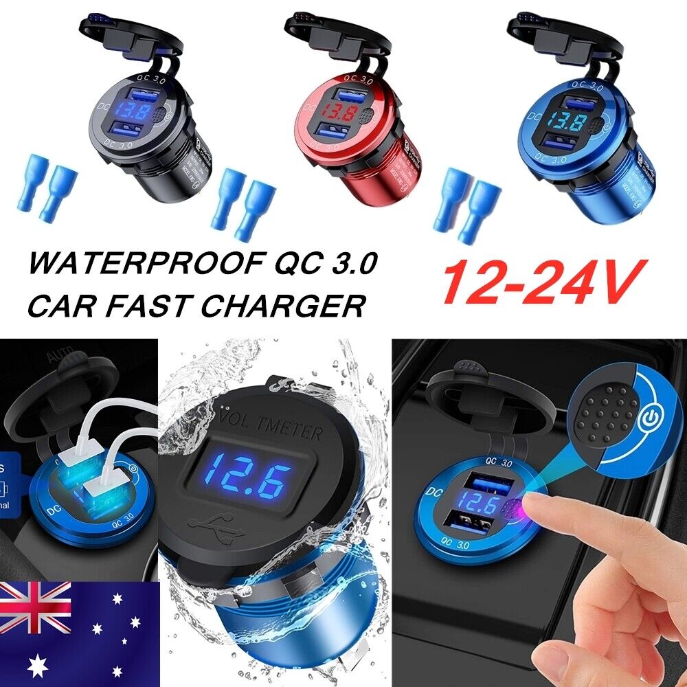 Waterproof Fast Car Phone Charger QC3.0 Dual USB Power Adapter Cigarette Lighter