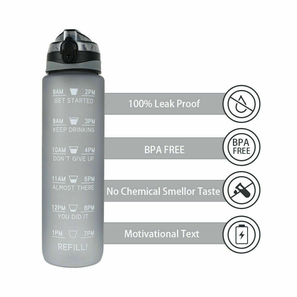 Water Bottle 1L Motivational Drink Flask With Time Markings Sport Gym