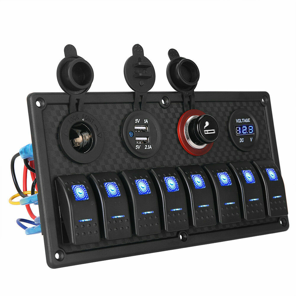 8 Gang 12V Rocker Switch Panel Waterproof Circuit Breaker Boat Marine Voltmeter