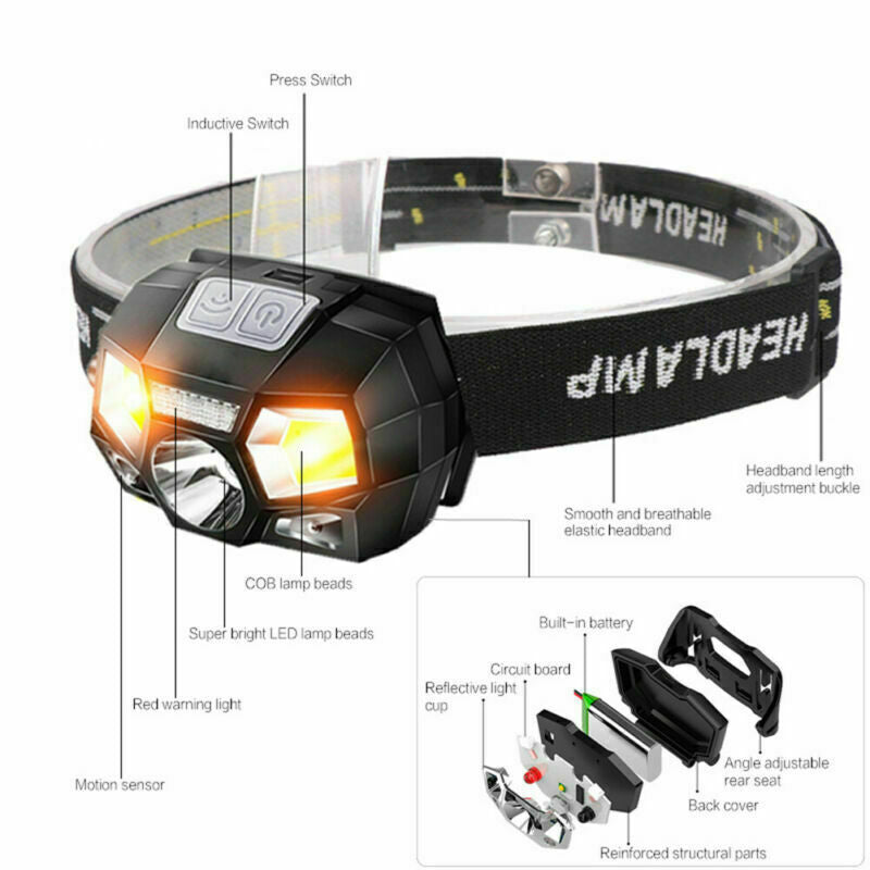 LED Head Torch Headlight COB Camping Headlamp USB Rechargeable Flashlight Lamp