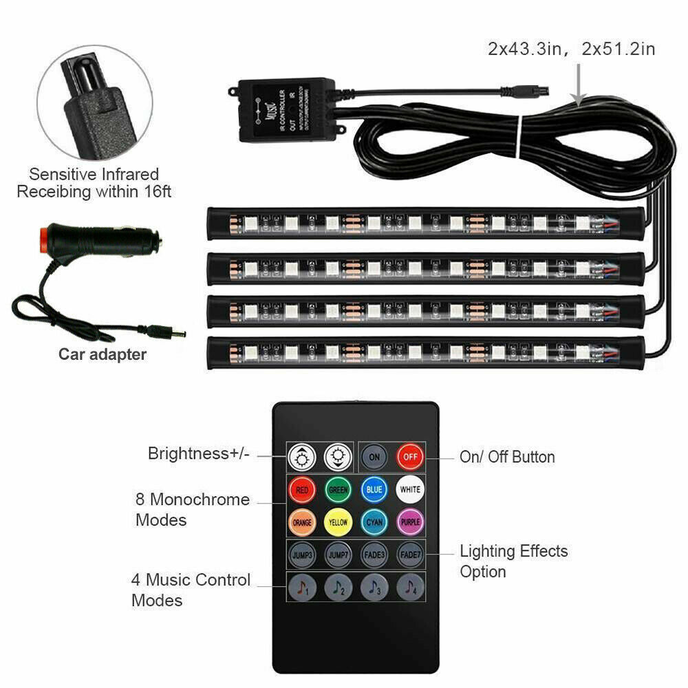 4PCS 12V 12LED RGB Car Interior LED Strip Lights Wireless Remote Control Music