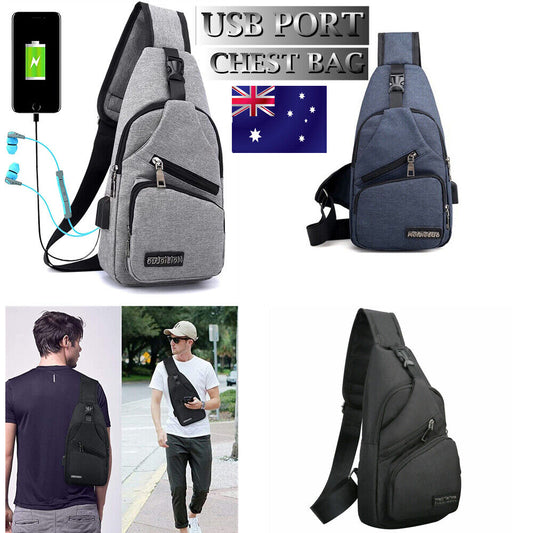 Man Shoulder Backpack Chest Bag Sling Cross Body Satchel Outdoor Charging Port