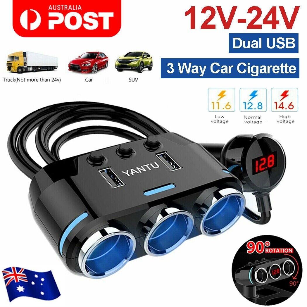 12V 3-USB Port LCD Car Charger Lighter Double Power Adapter Socket Splitter AU