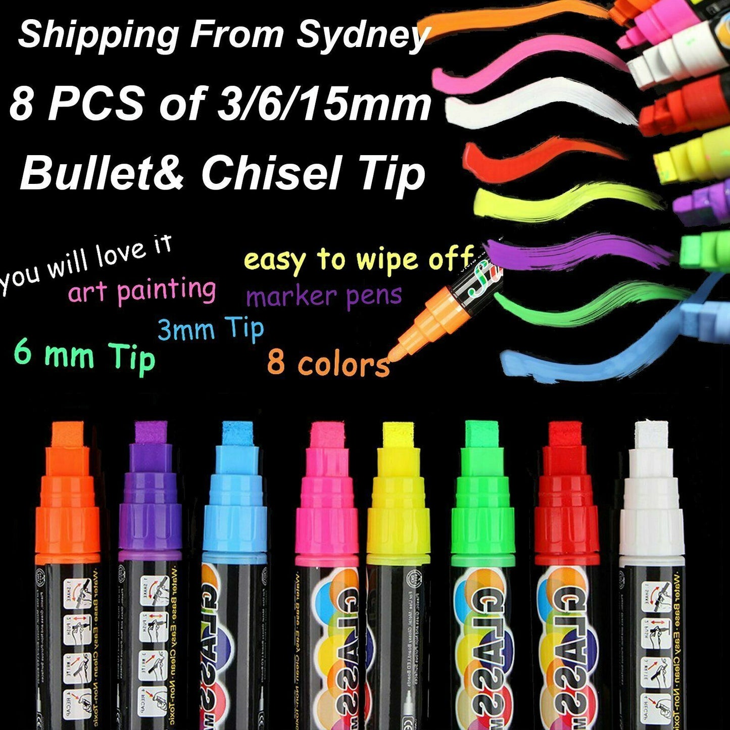 8pcs 3/6/15mm Liquid Chalk Marker Pens LED Writing Board Glass Art Pen Window