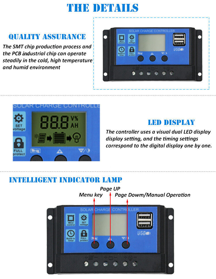 Solar Panel Regulator Charge Controller USB 10A/20A/30A 12V-24V