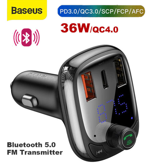 Baseus Bluetooth 5.0 FM Transmitter Car Kit Adapter MP3 Player Dual USB Charger