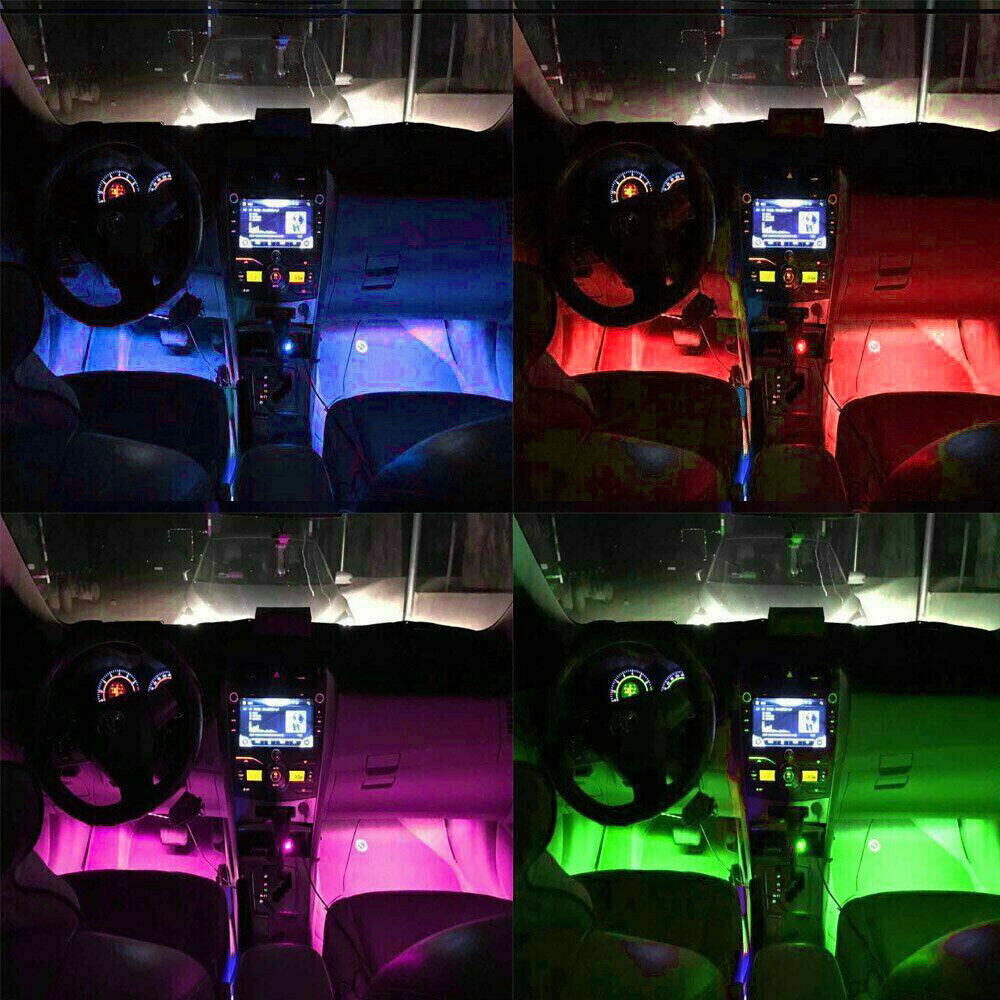 4PCS 12V 12LED RGB Car Interior LED Strip Lights Wireless Remote Control Music