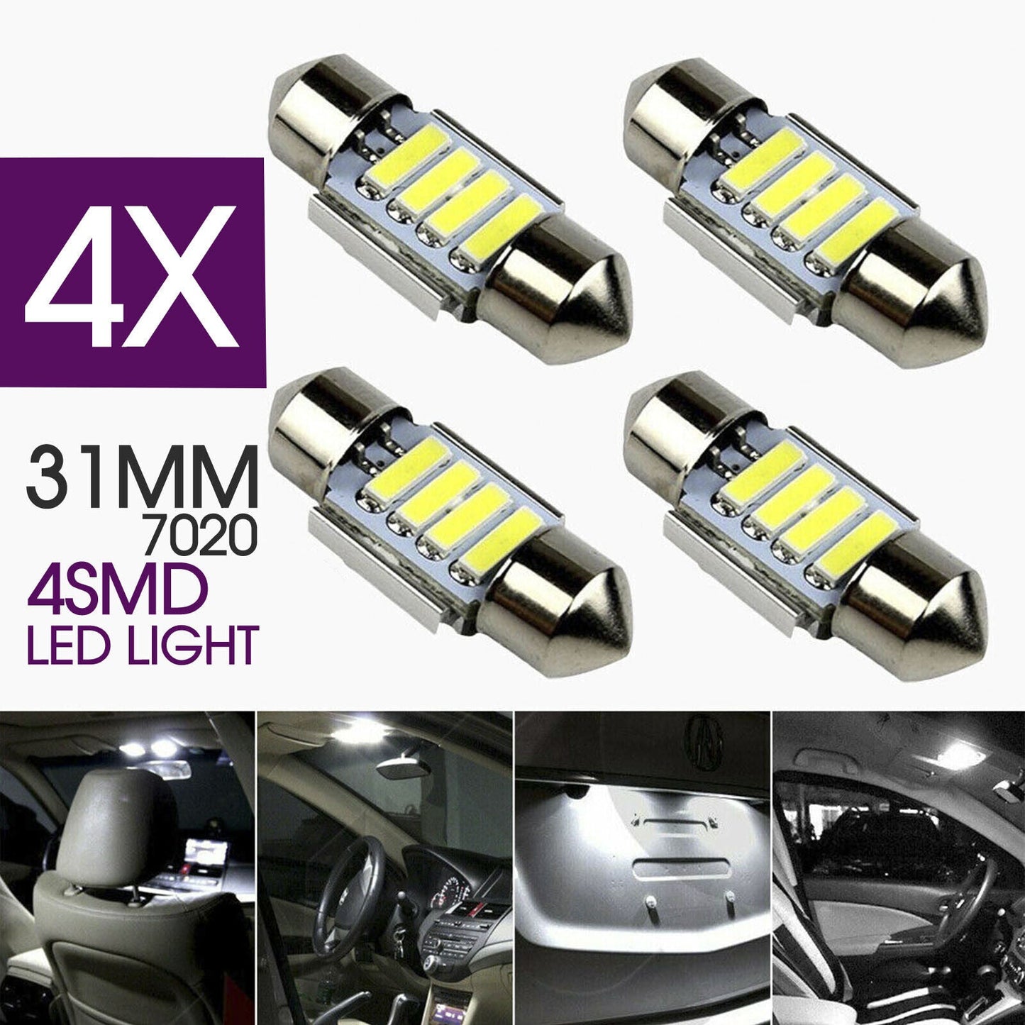 31MM FESTOON 7020 4SMD LED 4x INTERIOR DOME MAP LIGHT BULB GLOBE 12V CAR 4WD