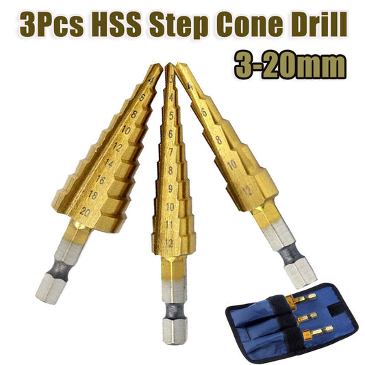 3pcs HSS Step Cone Drill Titanium Stee Hole Cutter Bit Set 3-20mm + Pouch AU