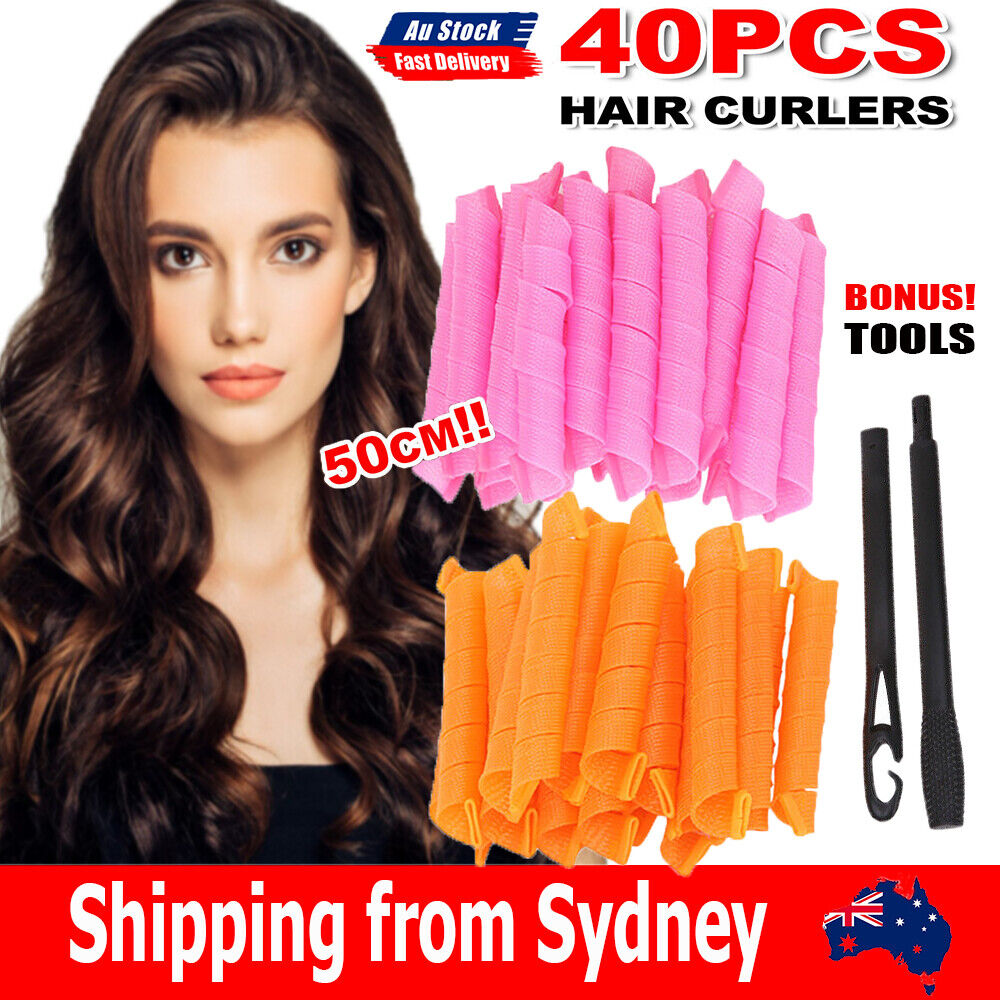 40Pcs 50cm No Heat Hair Curlers Rollers Formers Curl Leverage Spiral Ringlets AU