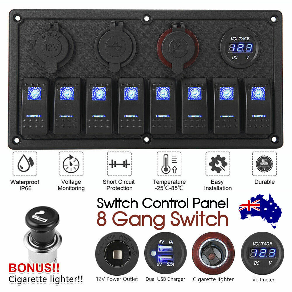 8 Gang 12V Rocker Switch Panel Waterproof Circuit Breaker Boat Marine Voltmeter