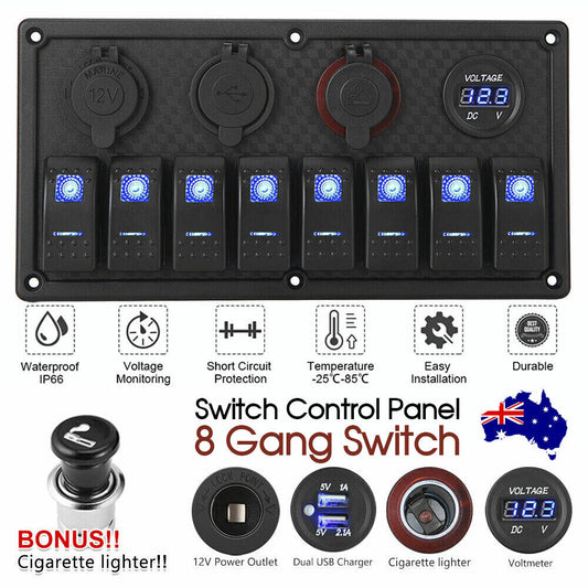 8 Gang 12V Rocker Switch Panel Waterproof Circuit Breaker Boat Marine Voltmeter